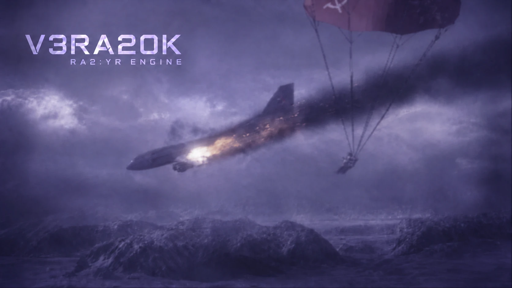 A burning airliner falls through a violet sky beside a parachuting crate, under the V3RA20K wordmark.