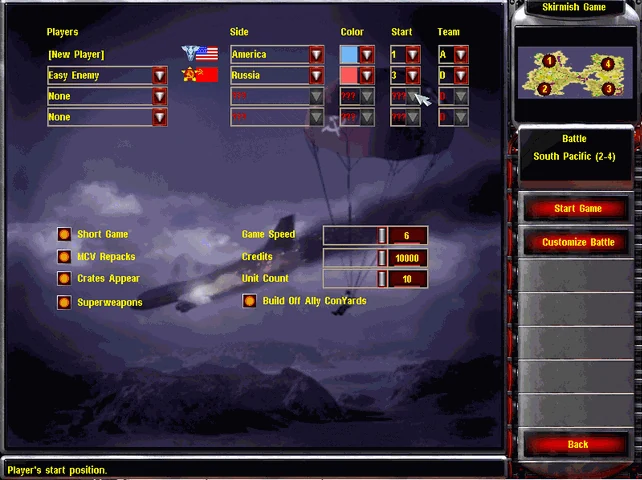 The VERA20k skirmish setup screen.
